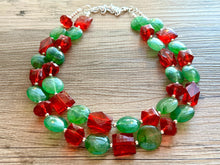 Load image into Gallery viewer, Red & Green Statement Necklace, Chunky Beaded Necklace, Christmas Jewelry, green Necklace, red holiday December beaded necklace silver