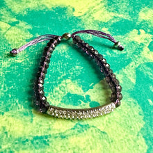 Load image into Gallery viewer, Rhinestone + Eggplant Vintage Statement bracelet, chunky vintage bracelet, silver colorful beaded jewelry, purple geometric pendant jewelry