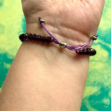 Load image into Gallery viewer, Rhinestone + Eggplant Vintage Statement bracelet, chunky vintage bracelet, silver colorful beaded jewelry, purple geometric pendant jewelry
