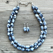 Load image into Gallery viewer, Black & White Swirl Big Bead Necklace, Statement Jewelry, white black silver Chunky bib, bridesmaids necklace, wedding 2 strand bridal