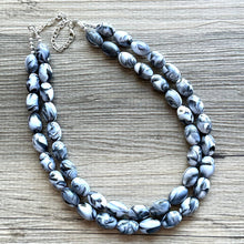 Load image into Gallery viewer, Black & White Swirl Big Bead Necklace, Statement Jewelry, white black silver Chunky bib, bridesmaids necklace, wedding 2 strand bridal