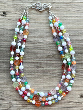 Load image into Gallery viewer, Rainbow Glass Statement Necklace, colorful chunky jewelry, rainbow necklace, multi strand pride chunky beaded necklace, bubble necklace
