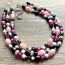 Load image into Gallery viewer, Pink & Black Necklace, multi strand jewelry, big beaded chunky statement necklace, pink necklace, bridesmaid necklace, bib blush white