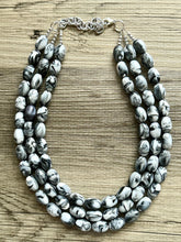 Load image into Gallery viewer, Black & White Swirl Big Bead Necklace, Statement Jewelry, white black silver Chunky bib, bridesmaids necklace, wedding 3 strand bridal