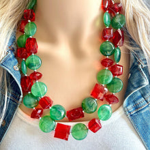 Load image into Gallery viewer, Red & Green Statement Necklace, Chunky Beaded Necklace, Christmas Jewelry, green Necklace, red holiday December beaded necklace silver