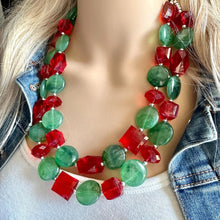 Load image into Gallery viewer, Red & Green Statement Necklace, Chunky Beaded Necklace, Christmas Jewelry, green Necklace, red holiday December beaded necklace silver