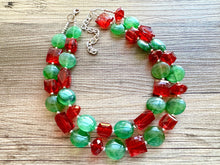 Load image into Gallery viewer, Red & Green Statement Necklace, Chunky Beaded Necklace, Christmas Jewelry, green Necklace, red holiday December beaded necklace silver