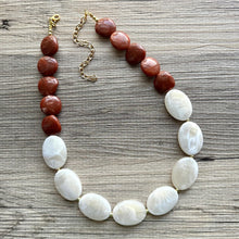 Load image into Gallery viewer, Bourbon Brown & Gold Cream Long Necklace, dark brown bead necklace, single strand bib necklace, resin statement layering jewelry chocolate