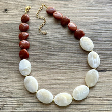Load image into Gallery viewer, Bourbon Brown & Gold Cream Long Necklace, dark brown bead necklace, single strand bib necklace, resin statement layering jewelry chocolate