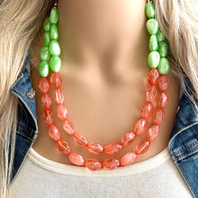 Load image into Gallery viewer, Watermelon Seascape Necklace, coral & Green Chunky Statement Necklace, green pink beaded necklace jewelry, multi color strand bib chunky