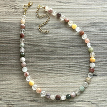 Load image into Gallery viewer, Natural Rutilated Quartz Beaded GemStone Necklace gold statement necklace jewelry, long beaded statement layering necklace clear yellow pink