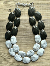 Load image into Gallery viewer, Black White & Gray Big Bead Necklace, Statement Jewelry, neutral silver Chunky bib, bridesmaids necklace, wedding bridesmaid necklace