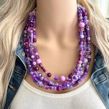 Load image into Gallery viewer, Purple Ombré statement necklace, chunky bib necklace, beaded jewelry lavender necklace, 5 strand gray white black jewelry eggplant lavender