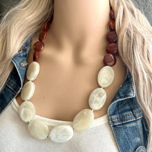Load image into Gallery viewer, Bourbon Brown & Gold Cream Long Necklace, dark brown bead necklace, single strand bib necklace, resin statement layering jewelry chocolate