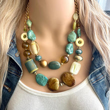 Load image into Gallery viewer, Stone Wood & Gold statement necklace, chunky bib beaded jewelry multi strand neutral, blue green thick bib vintage, brown gold yellow
