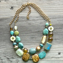Load image into Gallery viewer, Stone Wood & Gold statement necklace, chunky bib beaded jewelry multi strand neutral, blue green thick bib vintage, brown gold yellow