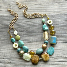 Load image into Gallery viewer, Stone Wood & Gold statement necklace, chunky bib beaded jewelry multi strand neutral, blue green thick bib vintage, brown gold yellow