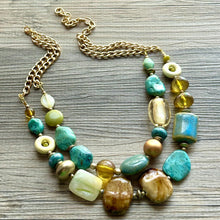 Load image into Gallery viewer, Stone Wood & Gold statement necklace, chunky bib beaded jewelry multi strand neutral, blue green thick bib vintage, brown gold yellow