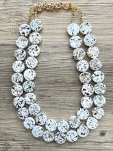 Load image into Gallery viewer, Cookie Dough Splatter Neutral Statement Necklace, chunky beaded jewelry, chunky black brown white gold necklace, color block beaded