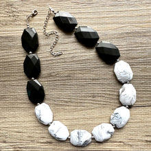 Load image into Gallery viewer, Black & White bleached Statement Necklace, chunky beaded jewelry, neutral necklace, black and white necklace, beaded jewelry, black necklace