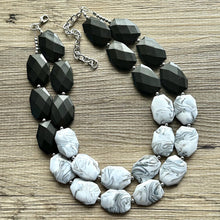 Load image into Gallery viewer, Black White & Gray Big Bead Necklace, Statement Jewelry, neutral silver Chunky bib, bridesmaids necklace, wedding bridesmaid necklace