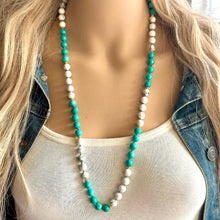 Load image into Gallery viewer, Natural Blue & White Turquoise Gemstone Beaded Necklace, 28” Long Necklace stone color lock jewelry, gifts for her