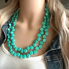 Load image into Gallery viewer, Green teal 2 Strand Statement Necklace, Chunky Jewelry Big Beaded Necklace, dark blue green geometric zig zag round earrings turquoise