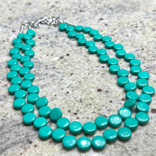 Load image into Gallery viewer, Green teal 2 Strand Statement Necklace, Chunky Jewelry Big Beaded Necklace, dark blue green geometric zig zag round earrings turquoise