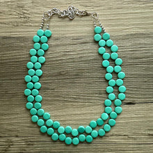 Load image into Gallery viewer, Green teal 2 Strand Statement Necklace, Chunky Jewelry Big Beaded Necklace, dark blue green geometric zig zag round earrings turquoise