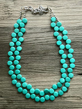 Load image into Gallery viewer, Green teal 2 Strand Statement Necklace, Chunky Jewelry Big Beaded Necklace, dark blue green geometric zig zag round earrings turquoise