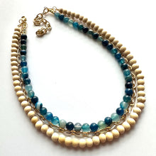Load image into Gallery viewer, Agate + Gold Chain beaded Statement Chunky Necklace, casual necklace, Traveler 3 strand brown necklace, big bead wood blue striped jewelry