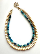 Load image into Gallery viewer, Agate + Gold Chain beaded Statement Chunky Necklace, casual necklace, Traveler 3 strand brown necklace, big bead wood blue striped jewelry