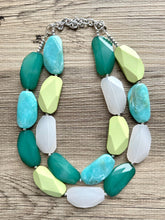 Load image into Gallery viewer, Jewel of the Jungle Statement Necklace, Chunky Jewelry Big Beaded Necklace, light green Necklace, olive Jewelry bubble 2 strand turquoise