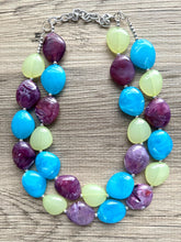 Load image into Gallery viewer, Choppy Waters Caribbean Necklace, 2 Strand Statement Jewelry, aqua blue lime green purple Chunky bib bridesmaid turquoise big beaded