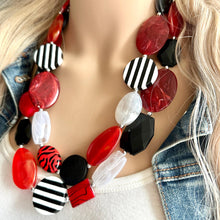 Load image into Gallery viewer, Red & Black Day at the Park statement necklace, striped chunky bib necklace, thick beaded jewelry neutral double strand white jewelry