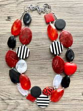 Load image into Gallery viewer, Red & Black Day at the Park statement necklace, striped chunky bib necklace, thick beaded jewelry neutral double strand white jewelry