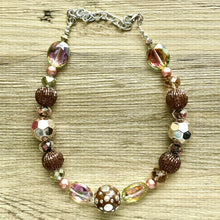 Load image into Gallery viewer, Ribbons of Chocolate Statement Necklace, Big beaded jewelry Single Strand Geometric Brown Bib bridesmaid wedding geometric pink gold silver
