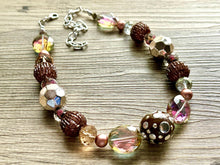 Load image into Gallery viewer, Ribbons of Chocolate Statement Necklace, Big beaded jewelry Single Strand Geometric Brown Bib bridesmaid wedding geometric pink gold silver