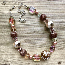 Load image into Gallery viewer, Ribbons of Chocolate Statement Necklace, Big beaded jewelry Single Strand Geometric Brown Bib bridesmaid wedding geometric pink gold silver