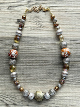 Load image into Gallery viewer, Cinnamon Statement Necklace, fall colors silver Gold Necklace, 1 Strand Statement necklace, vintage mixed metallic chunky orange