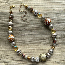 Load image into Gallery viewer, Cinnamon Statement Necklace, fall colors silver Gold Necklace, 1 Strand Statement necklace, vintage mixed metallic chunky orange