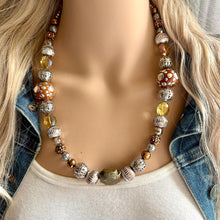 Load image into Gallery viewer, Cinnamon Statement Necklace, fall colors silver Gold Necklace, 1 Strand Statement necklace, vintage mixed metallic chunky orange