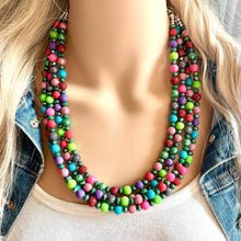 Load image into Gallery viewer, Jewel Tone Statement Necklace, multi Strand Beaded Jewelry, Purple Lime Green Hot Pink necklace, ball bead glitter 4 strand