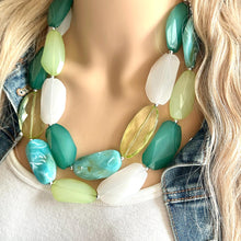 Load image into Gallery viewer, Gem of the Jungle Statement Necklace, Chunky Jewelry Big Beaded Necklace, light green Necklace, olive Jewelry bubble 2 strand turquoise