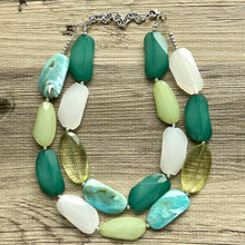Load image into Gallery viewer, Gem of the Jungle Statement Necklace, Chunky Jewelry Big Beaded Necklace, light green Necklace, olive Jewelry bubble 2 strand turquoise