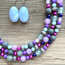 Load image into Gallery viewer, Purple & Blue statement necklace, chunky bib necklace, beaded jewelry lavender necklace, 3 strand gray white black jewelry periwinkle pink
