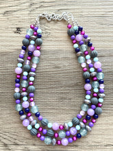Load image into Gallery viewer, Purple & Blue statement necklace, chunky bib necklace, beaded jewelry lavender necklace, 3 strand gray white black jewelry periwinkle pink