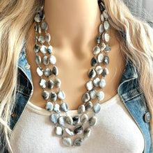 Load image into Gallery viewer, Gray Ombré Chunky Statement Necklace, Tie Dye multi Strand Beaded Jewelry, 3 strand chunky bib silver white black bead