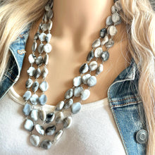 Load image into Gallery viewer, Gray Ombré Chunky Statement Necklace, Tie Dye multi Strand Beaded Jewelry, 3 strand chunky bib silver white black bead