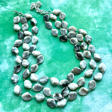 Load image into Gallery viewer, Gray Ombré Chunky Statement Necklace, Tie Dye multi Strand Beaded Jewelry, 3 strand chunky bib silver white black bead